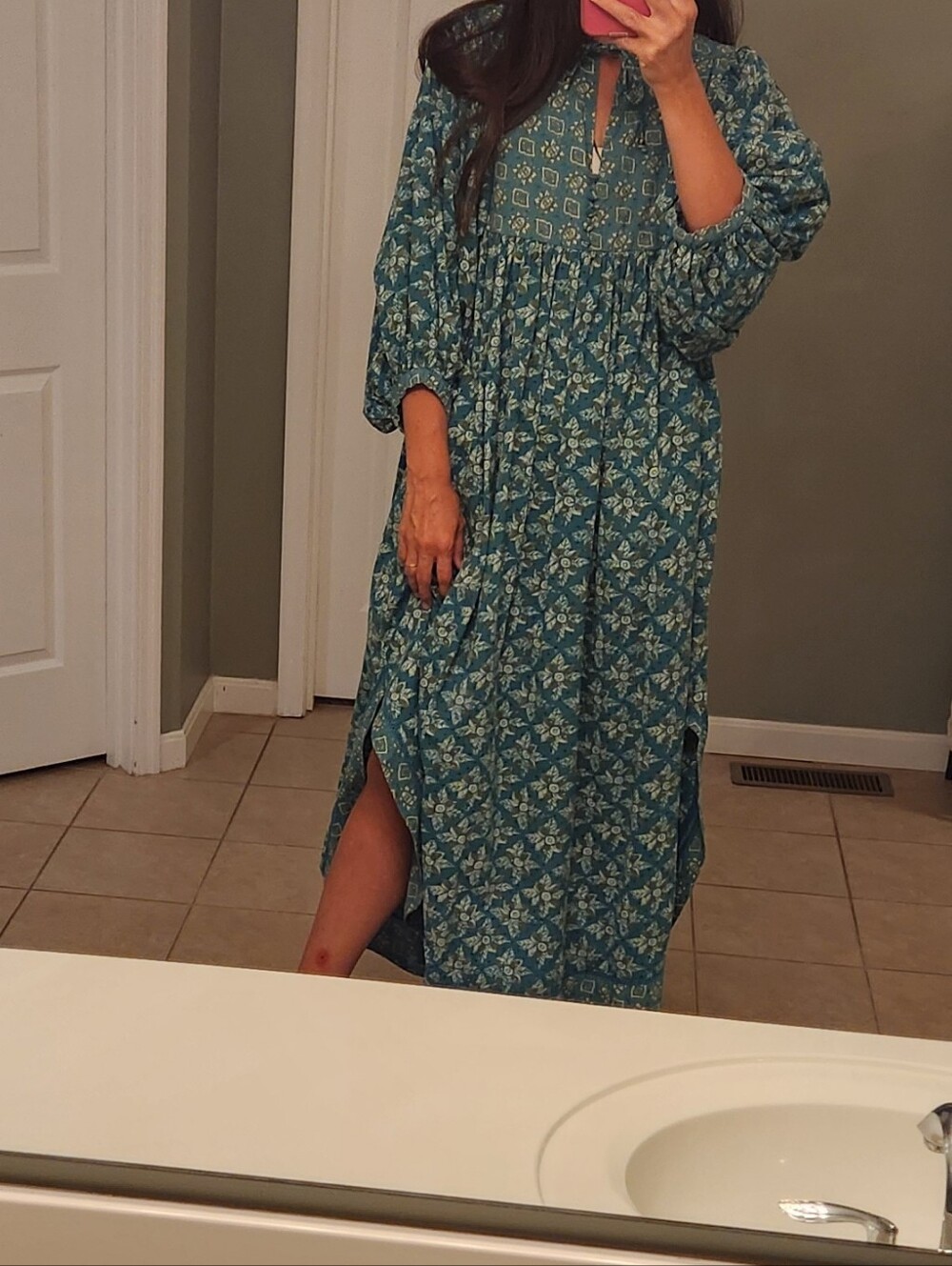 Free People Size L Teal Green Maxi Dress Balloon Sleeve Beaded Detail Stunning - Picture 4 of 17
